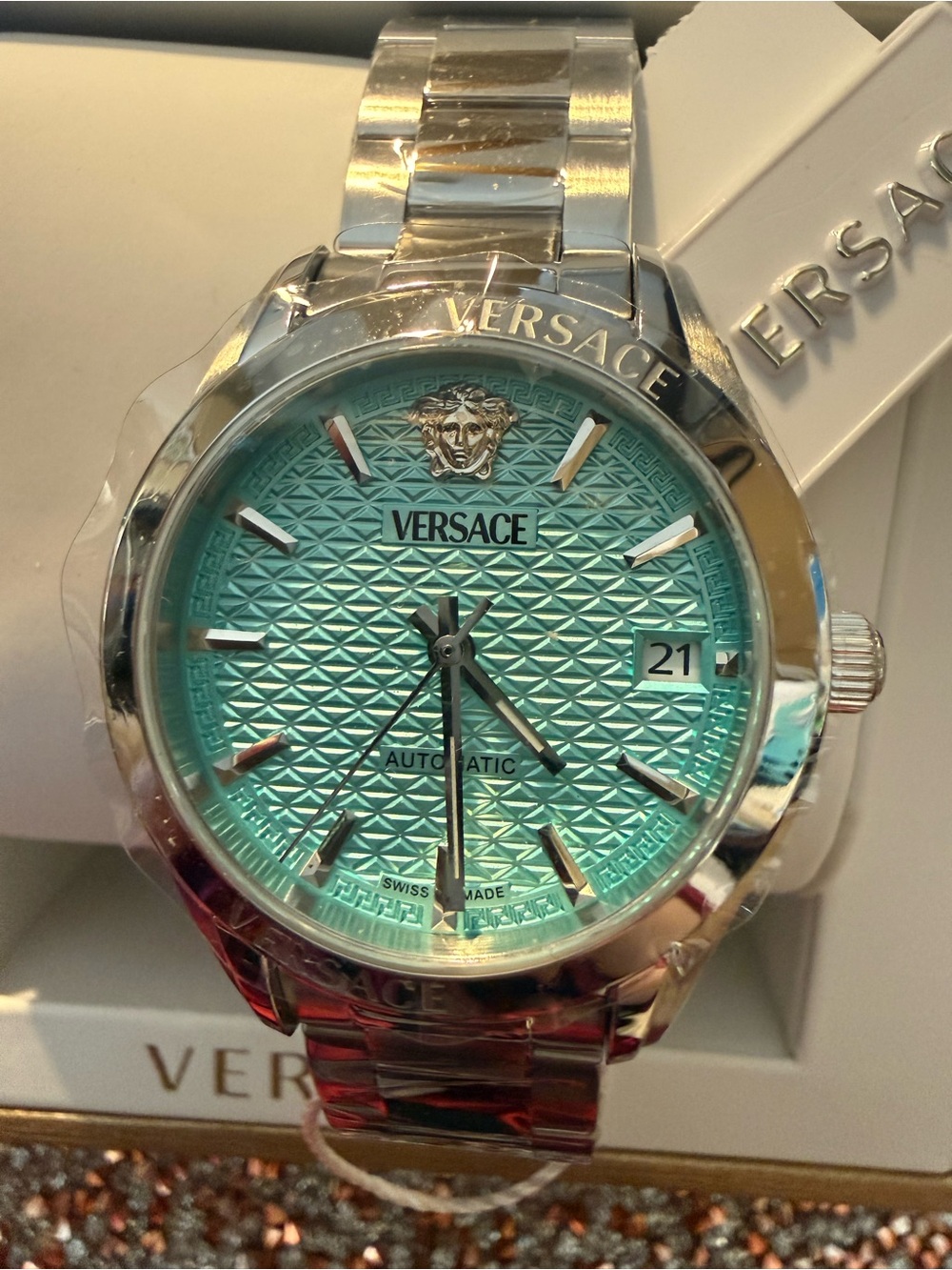 Versace Men's Silver Watch with Turquoise Dial